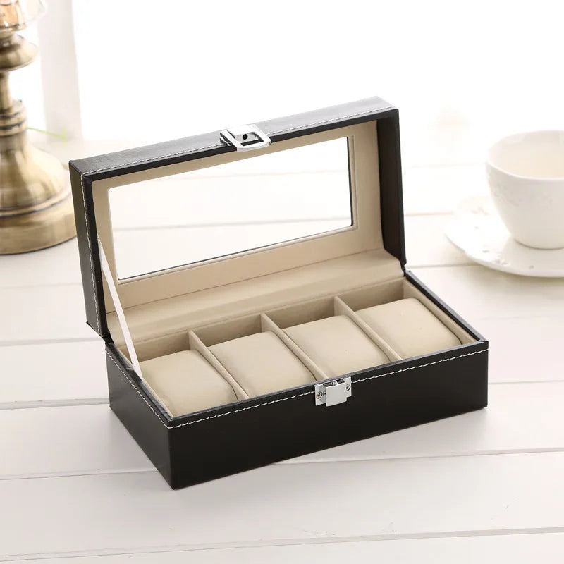 PU Leather Watch Organizer Box - Travel Display Case with Glass Lid