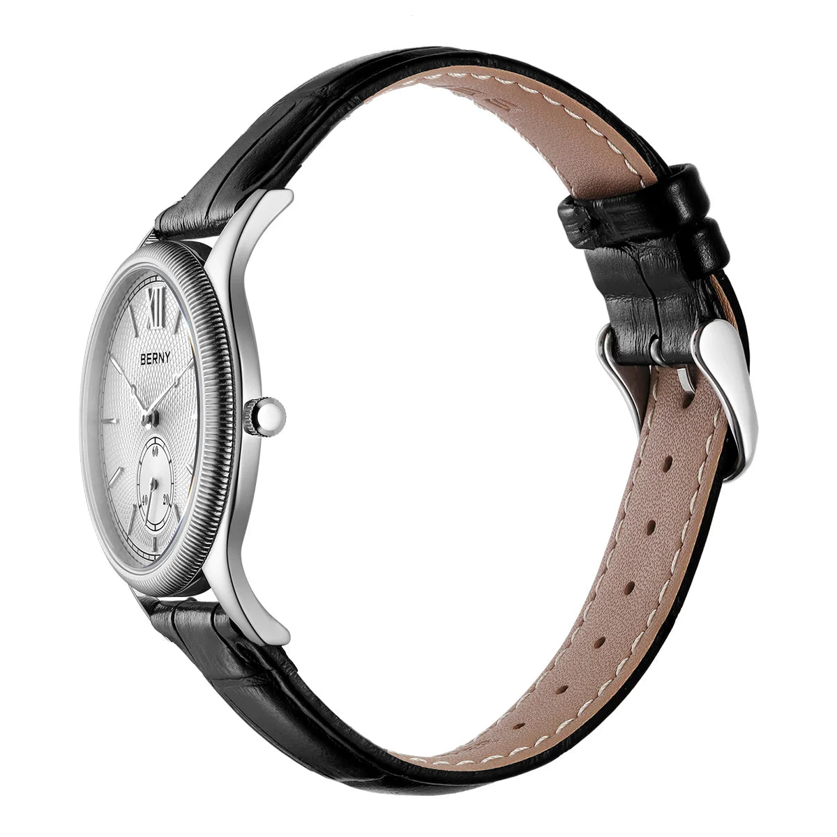 BERNY Men's Watches Luxury Classic Stylish Dress Quartz Watch Ultra-Thin Stainless Steel Case Elegance Leather Strap Wristwatch