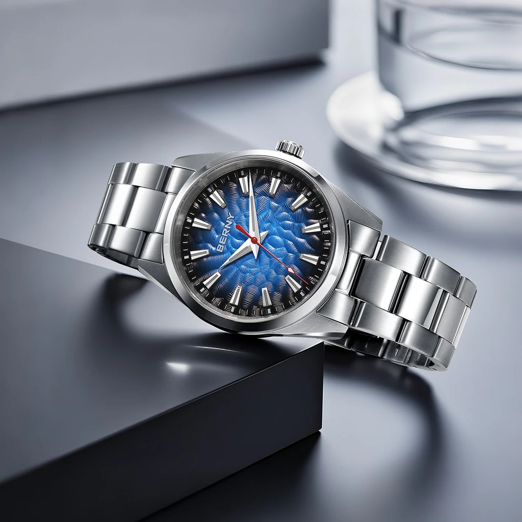 BERNY Men's Textured Dial Luminous Sapphire Crystal Precision Quartz 10ATM Full Stainless Steel Watch