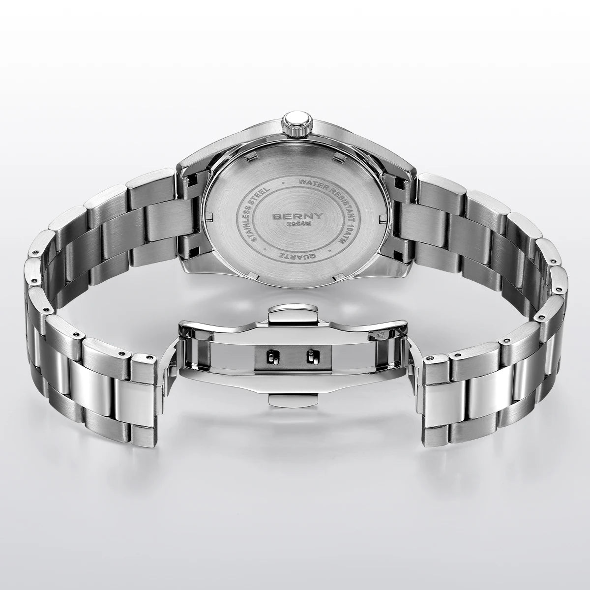 BERNY Men's Textured Dial Luminous Sapphire Crystal Precision Quartz 10ATM Full Stainless Steel Watch