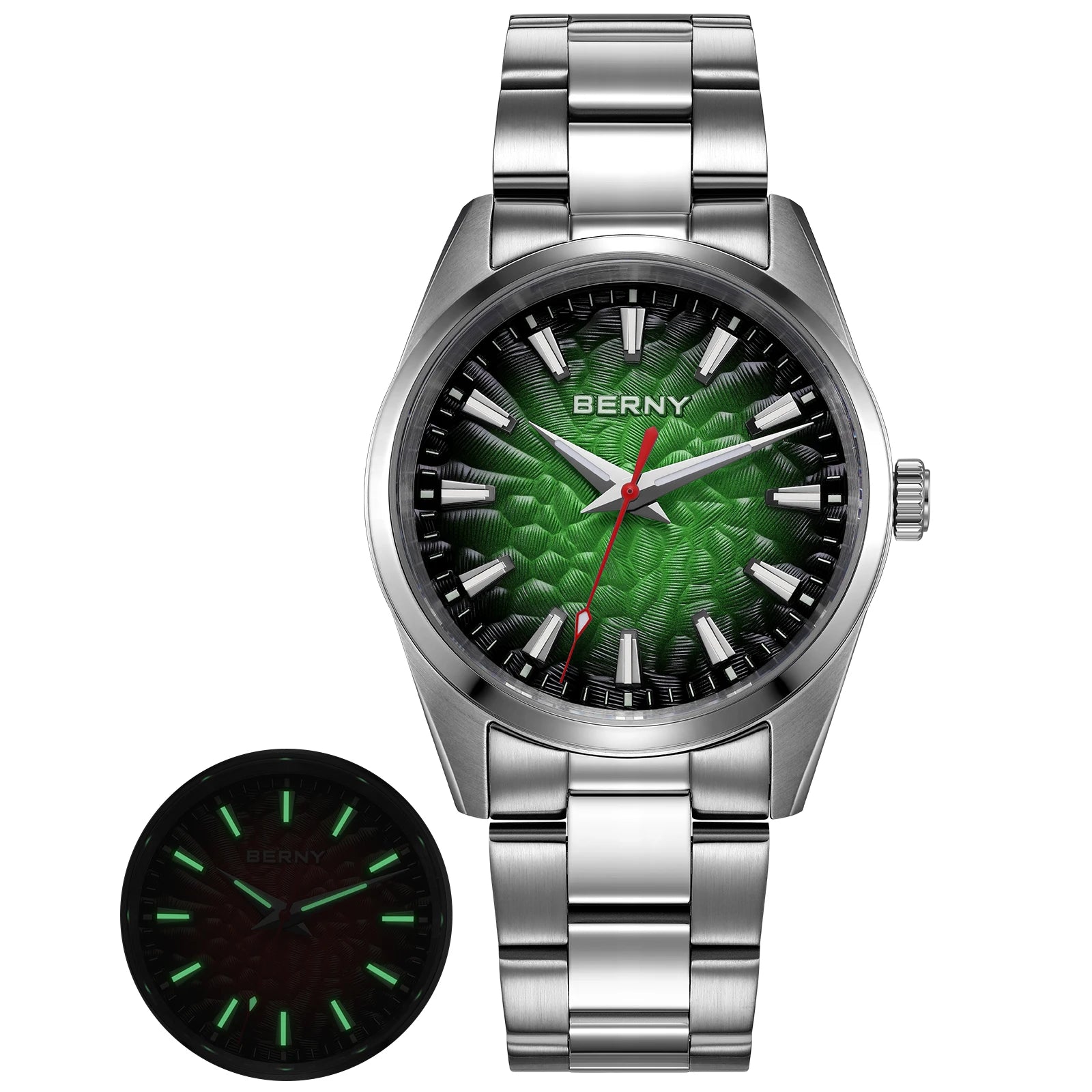 BERNY Men's Textured Dial Luminous Sapphire Crystal Precision Quartz 10ATM Full Stainless Steel Watch