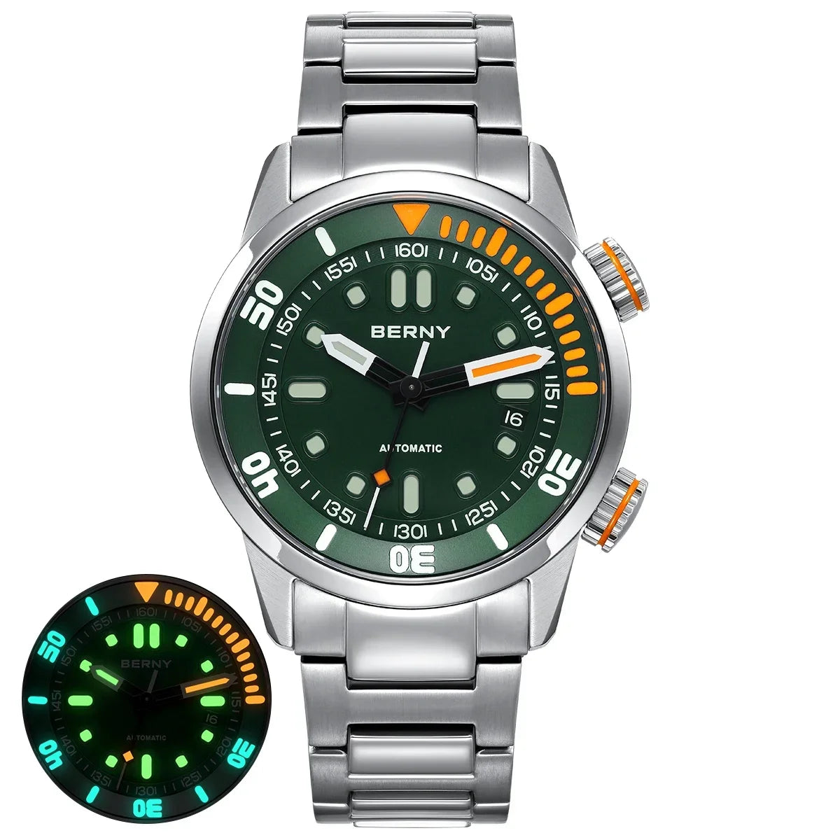 BERNY Automatic Dive Watch - Original Design 20ATM Super Luminous Sapphire Crystal Internal Rotating Bezel