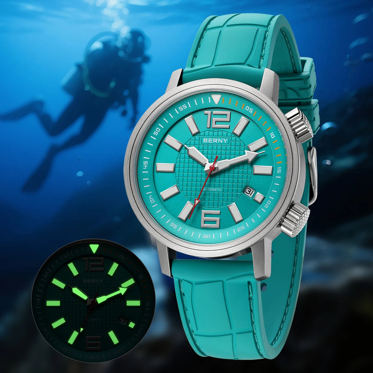 BERNY Automatic Diver Fluororubber Strap 20ATM Super Luminous Sapphire Compressor Miyota 8215 Diving Sports Wristwatch