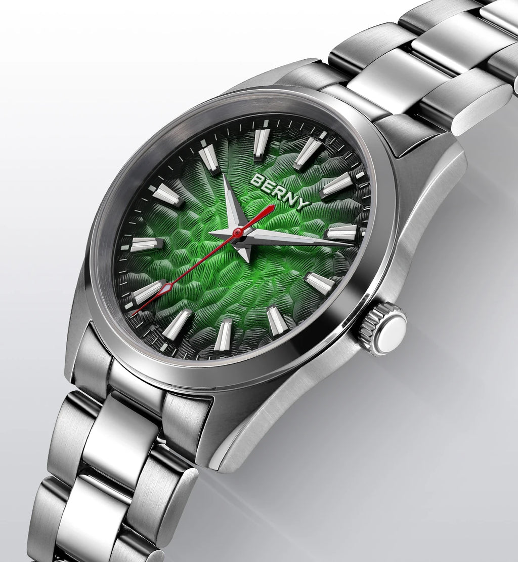 BERNY Men's Textured Dial Luminous Sapphire Crystal Precision Quartz 10ATM Full Stainless Steel Watch