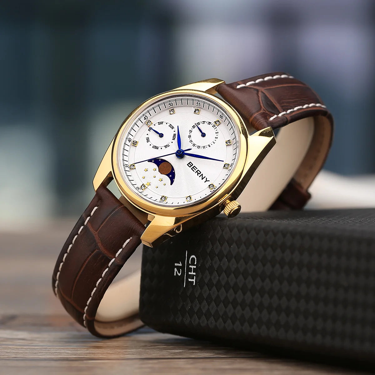 BERNY Men's and Women's Quartz Watch Moon Phase Day Date Calendar Dress Watch MIYOTA 6P20