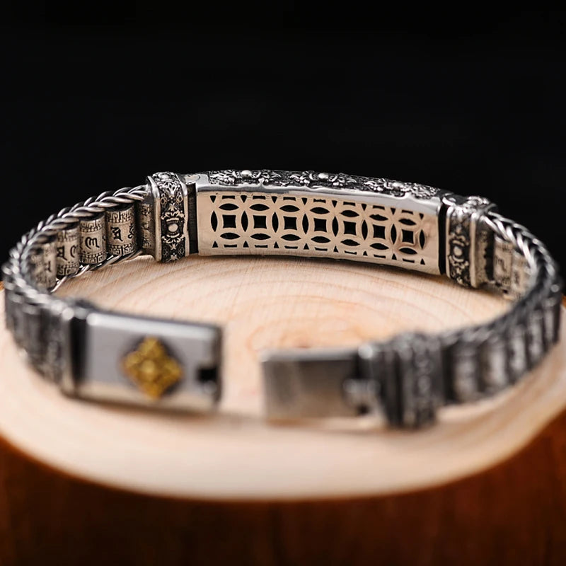 Silver Men's Retro Creative Hand-Woven Bracelet - Six Character Mantra