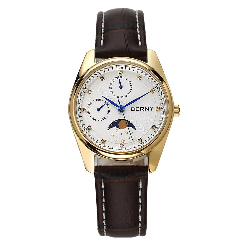 BERNY Men's and Women's Quartz Watch Moon Phase Day Date Calendar Dress Watch MIYOTA 6P20