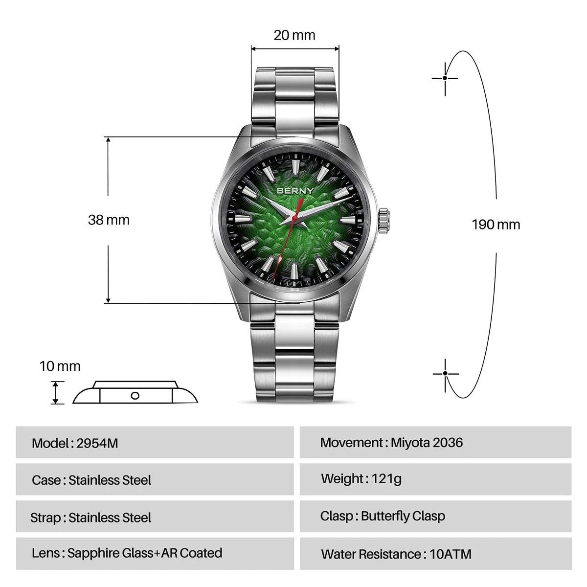 BERNY Men's Textured Dial Luminous Sapphire Crystal Precision Quartz 10ATM Full Stainless Steel Watch