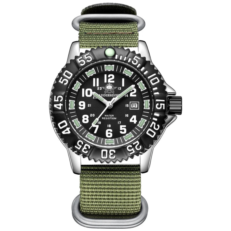 ADDIESDIVE MY-050S Military Watch | 50mm Miyota 2115 | Nylon Strap | Tubular Luminous | 50M