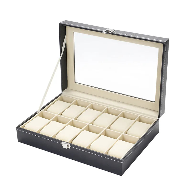 PU Leather Watch Organizer Box - Travel Display Case with Glass Lid