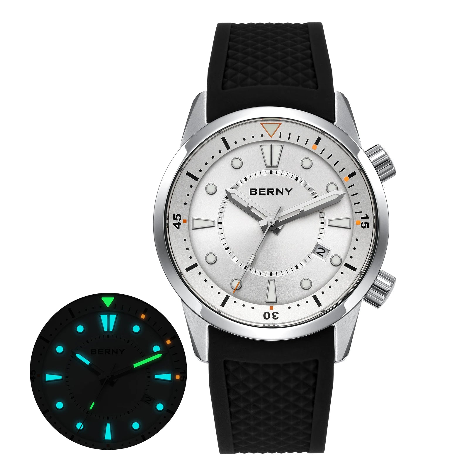 BERNY Automatic Diver Watch - Miyota 8215 200M Sapphire Crystal AR Coated Silicone Strap Internal Rotating Bezel