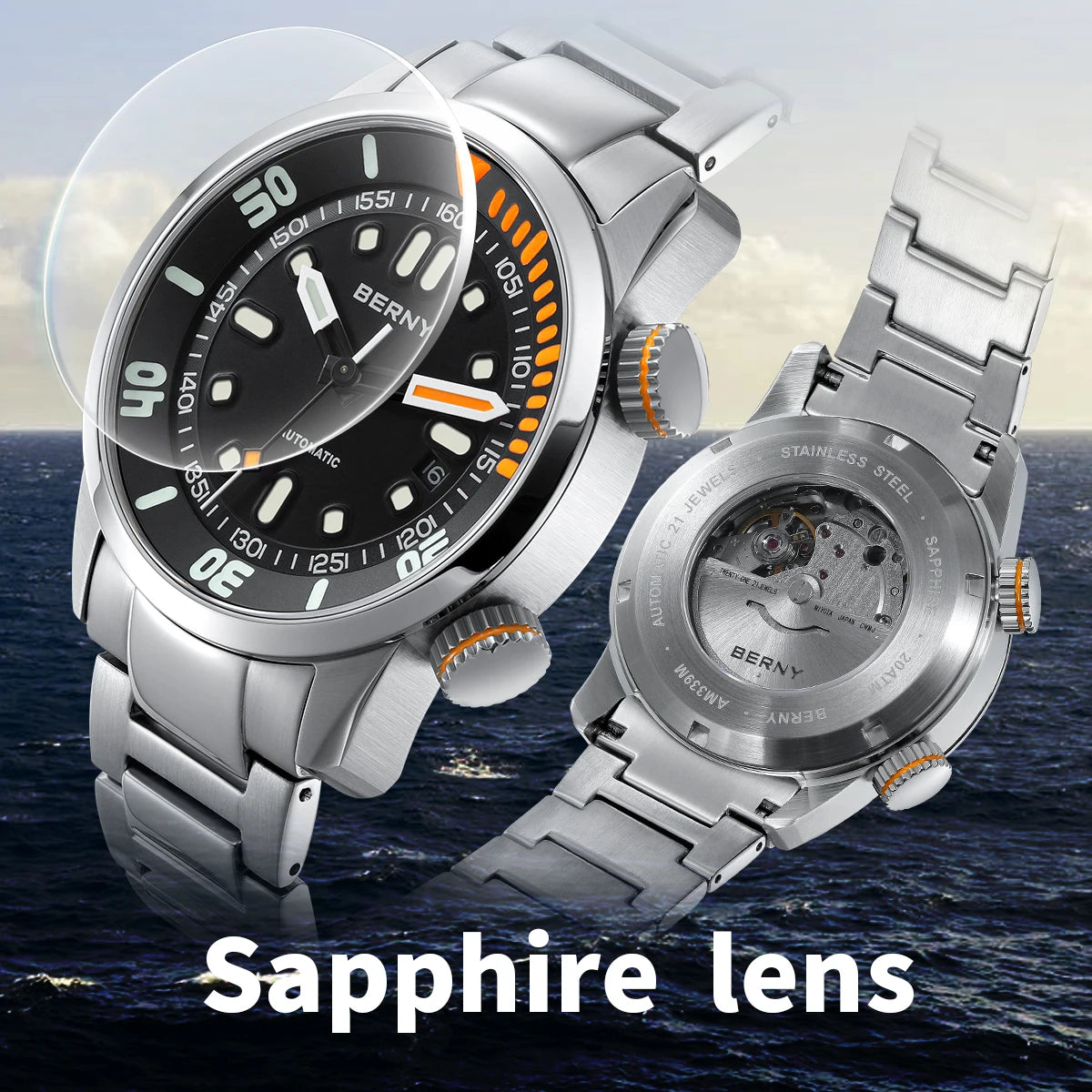 BERNY Automatic Dive Watch - Original Design 20ATM Super Luminous Sapphire Crystal Internal Rotating Bezel
