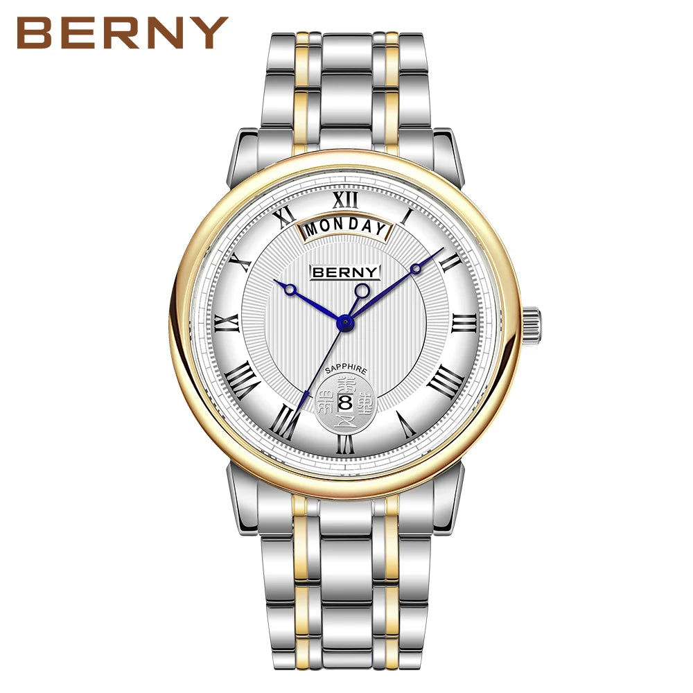 BERNY Men Quartz Dress Watch Miyota VJ55T Day Date Stainless Steel Wristwatch Sapphire Crystal