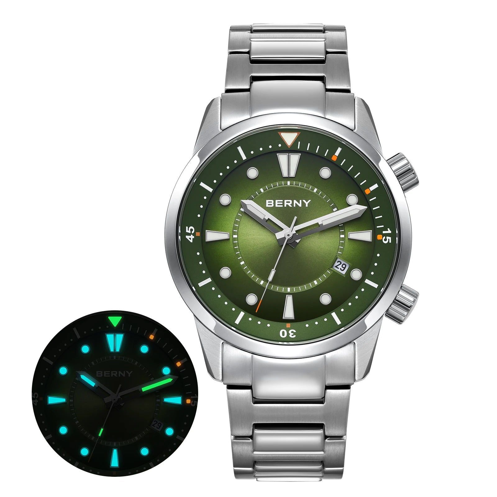 BERNY Automatic Diver Watch - Miyota 8215 200M Sapphire Crystal AR Coated Silicone Strap Internal Rotating Bezel
