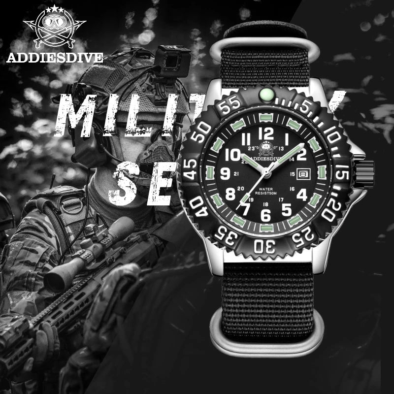 ADDIESDIVE MY-050S Military Watch | 50mm Miyota 2115 | Nylon Strap | Tubular Luminous | 50M