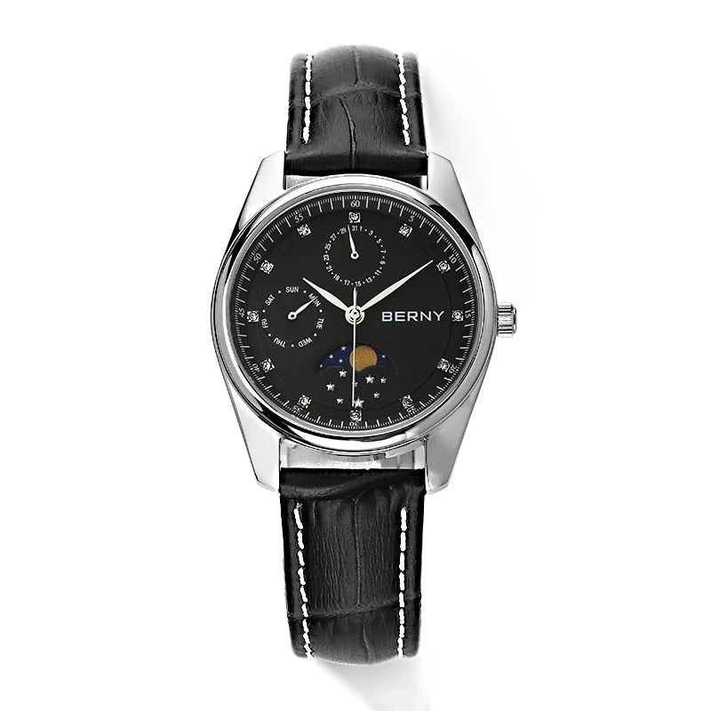 BERNY Men's and Women's Quartz Watch Moon Phase Day Date Calendar Dress Watch MIYOTA 6P20