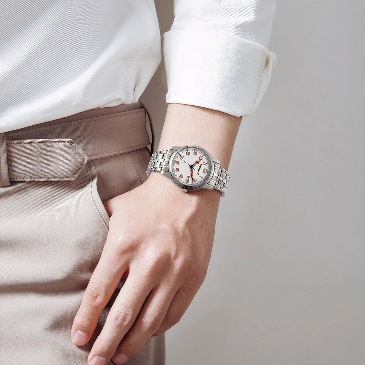 BERNY Men's Quartz Pilot Watch Stainless Steel Luminous Easy Reader Precision Quartz Movement