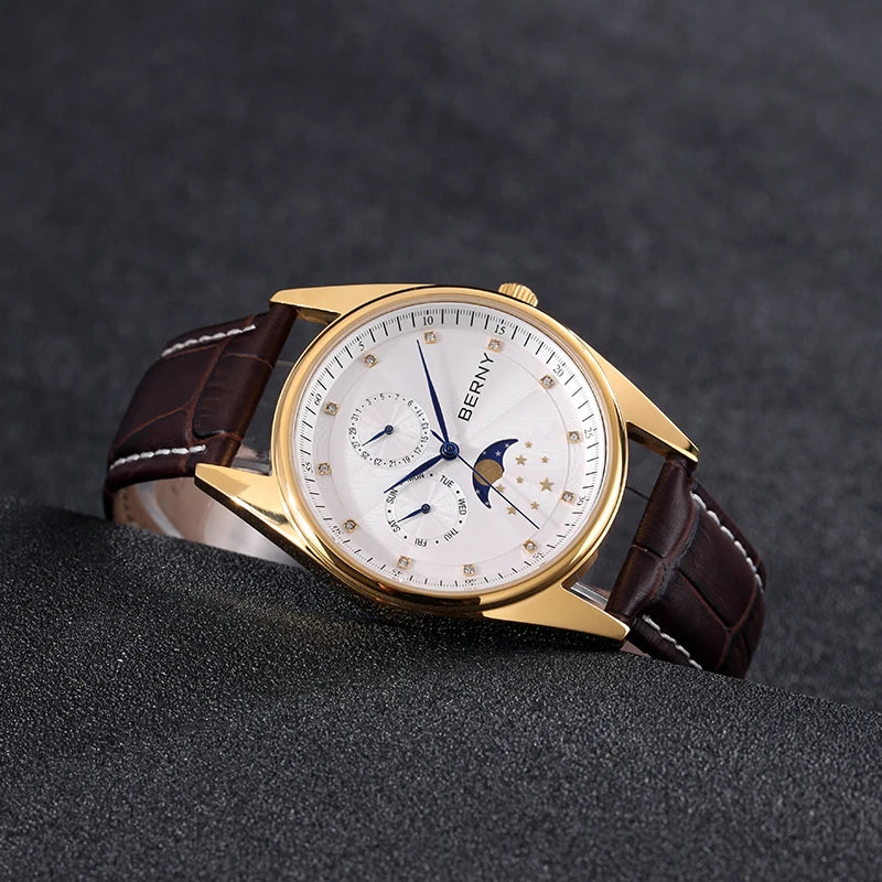 BERNY Men's and Women's Quartz Watch Moon Phase Day Date Calendar Dress Watch MIYOTA 6P20