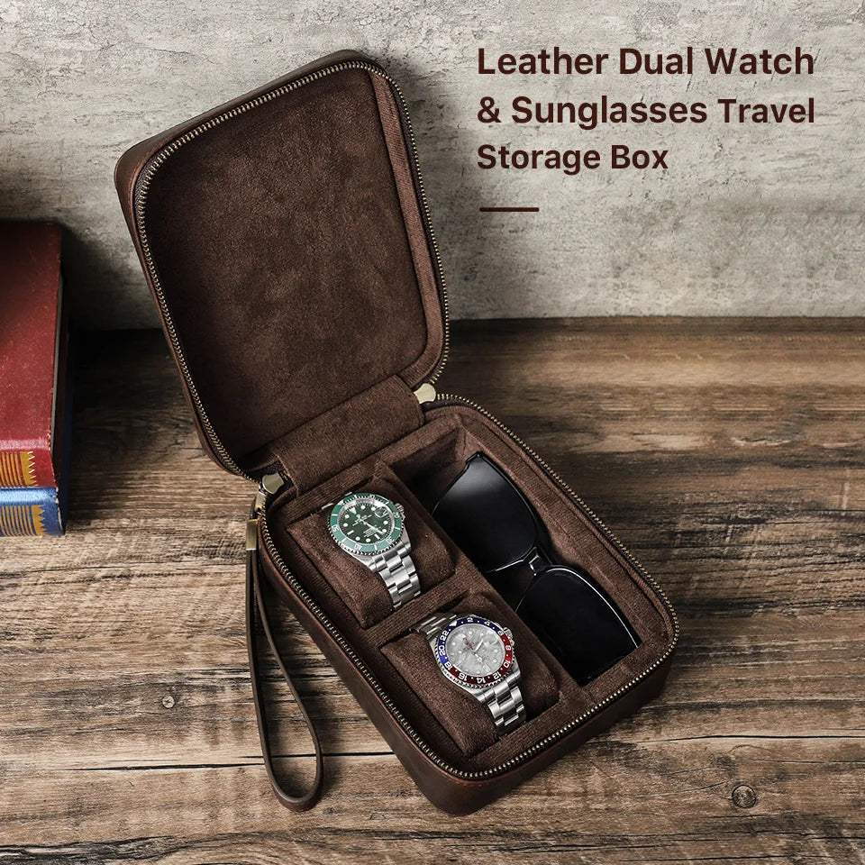 Genuine Leather Watch Travel Case - Watch and Sunglasses Storage Box with Soft Lining