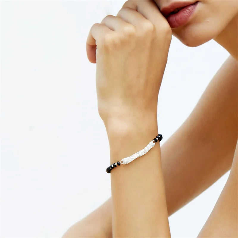 925 Sterling Silver Multi-Layer Onyx Black Agate Beaded Bracelet