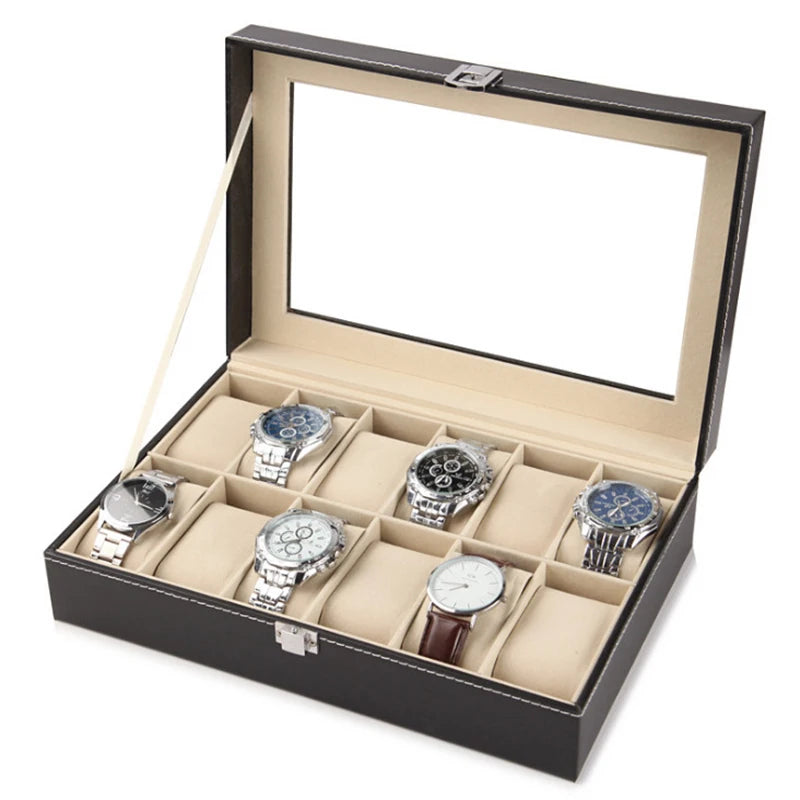 PU Leather Watch Organizer Box - Travel Display Case with Glass Lid