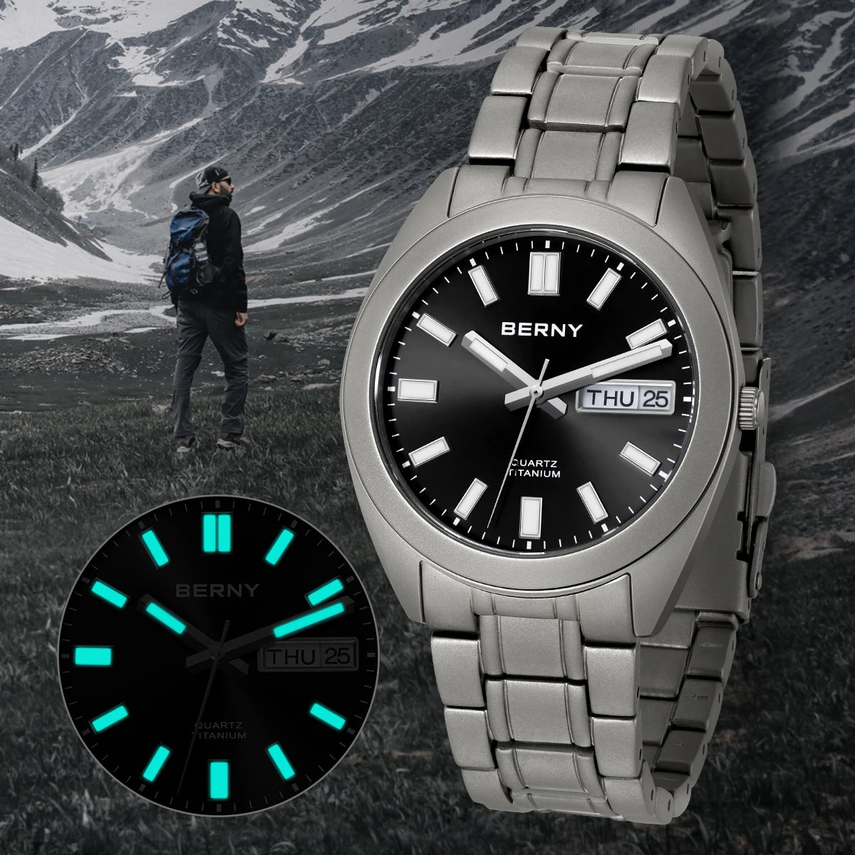 BERNY Titanium Watch Light Weight Super Luminous Sapphire 10ATM Waterproof Sport Field Quartz