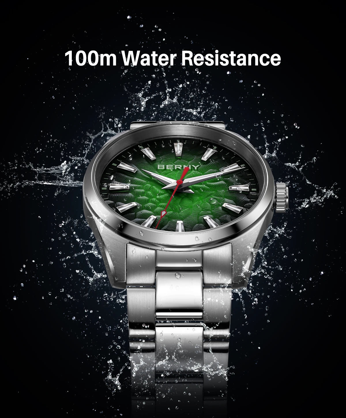 BERNY Men's Textured Dial Luminous Sapphire Crystal Precision Quartz 10ATM Full Stainless Steel Watch