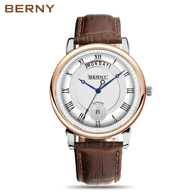 BERNY Men Quartz Dress Watch Miyota VJ55T Day Date Stainless Steel Wristwatch Sapphire Crystal