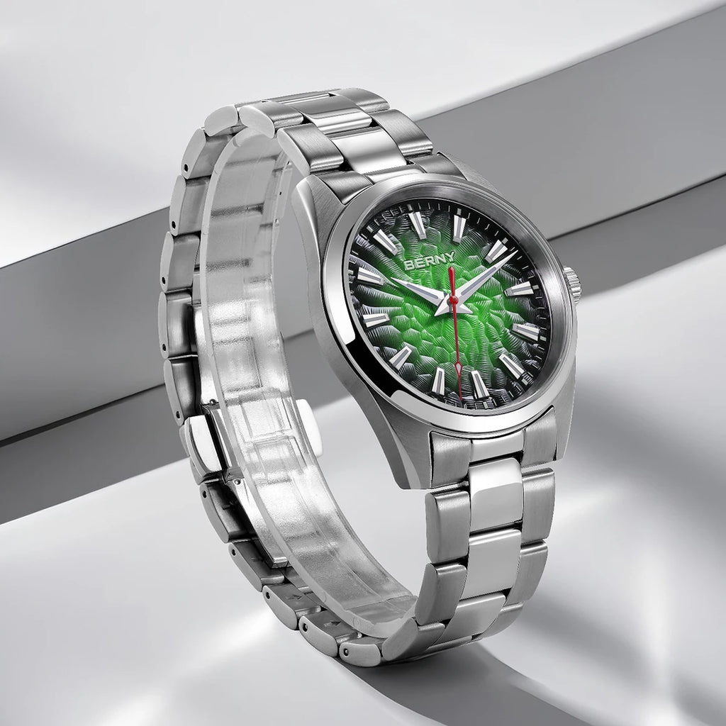BERNY Men's Textured Dial Luminous Sapphire Crystal Precision Quartz 10ATM Full Stainless Steel Watch