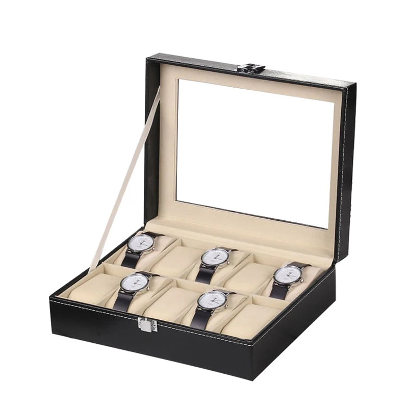 PU Leather Watch Organizer Box - Travel Display Case with Glass Lid