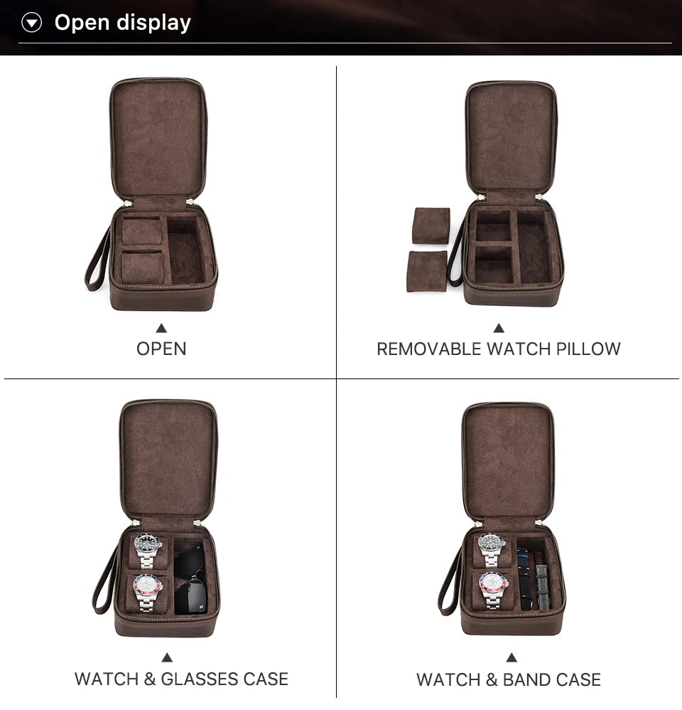 Genuine Leather Watch Travel Case - Watch and Sunglasses Storage Box with Soft Lining