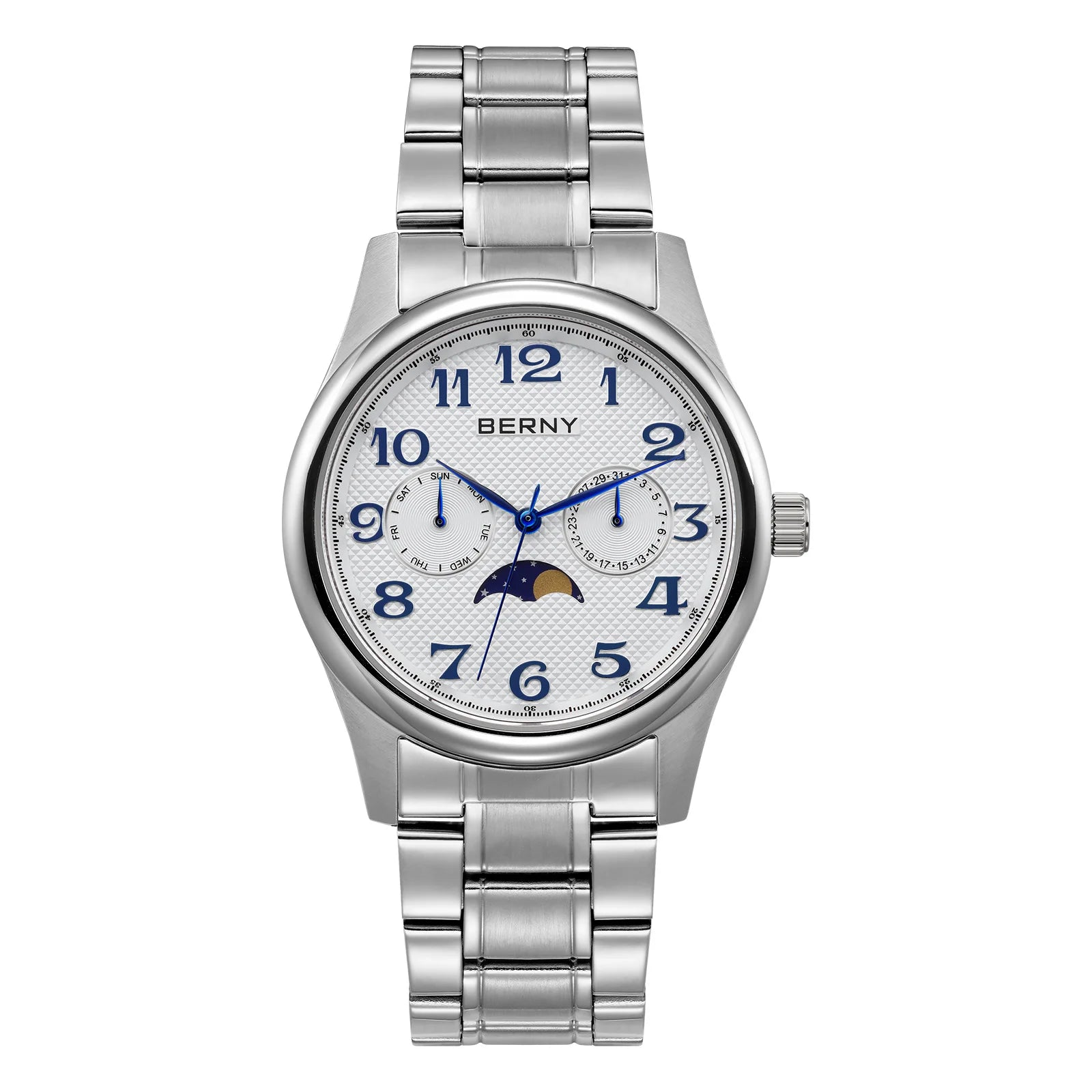 BERNY Men's Moon Phase Quartz Day Date Calendar Easy Read Vintage Style