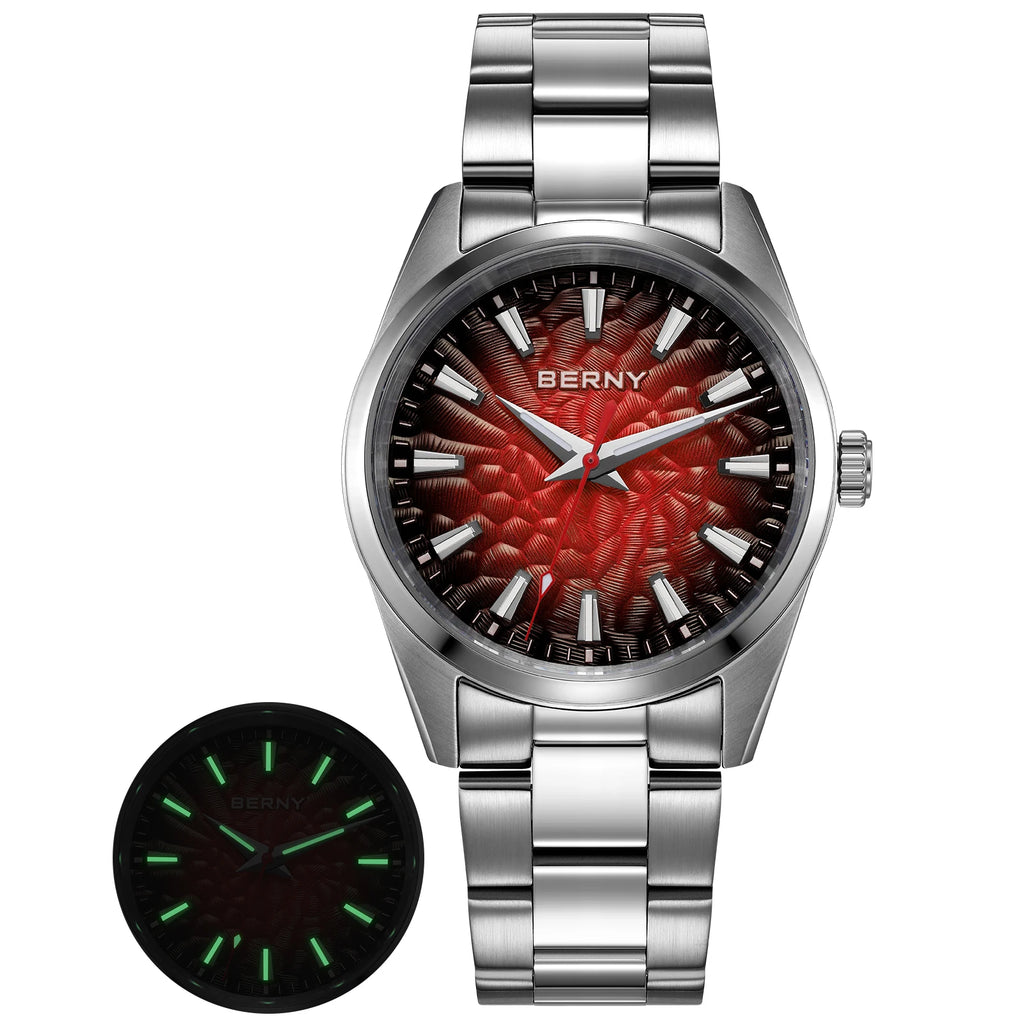 BERNY Men's Textured Dial Luminous Sapphire Crystal Precision Quartz 10ATM Full Stainless Steel Watch