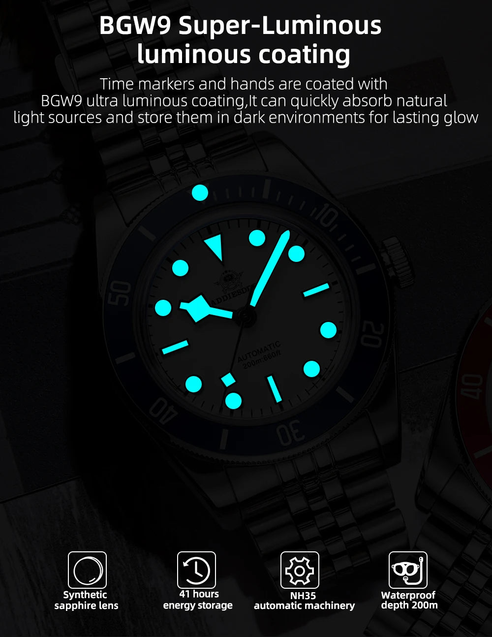 ADDIESDIVE 39mm Automatic Dive Watch - NH35 Movement 200M Sapphire BGW9 Lume