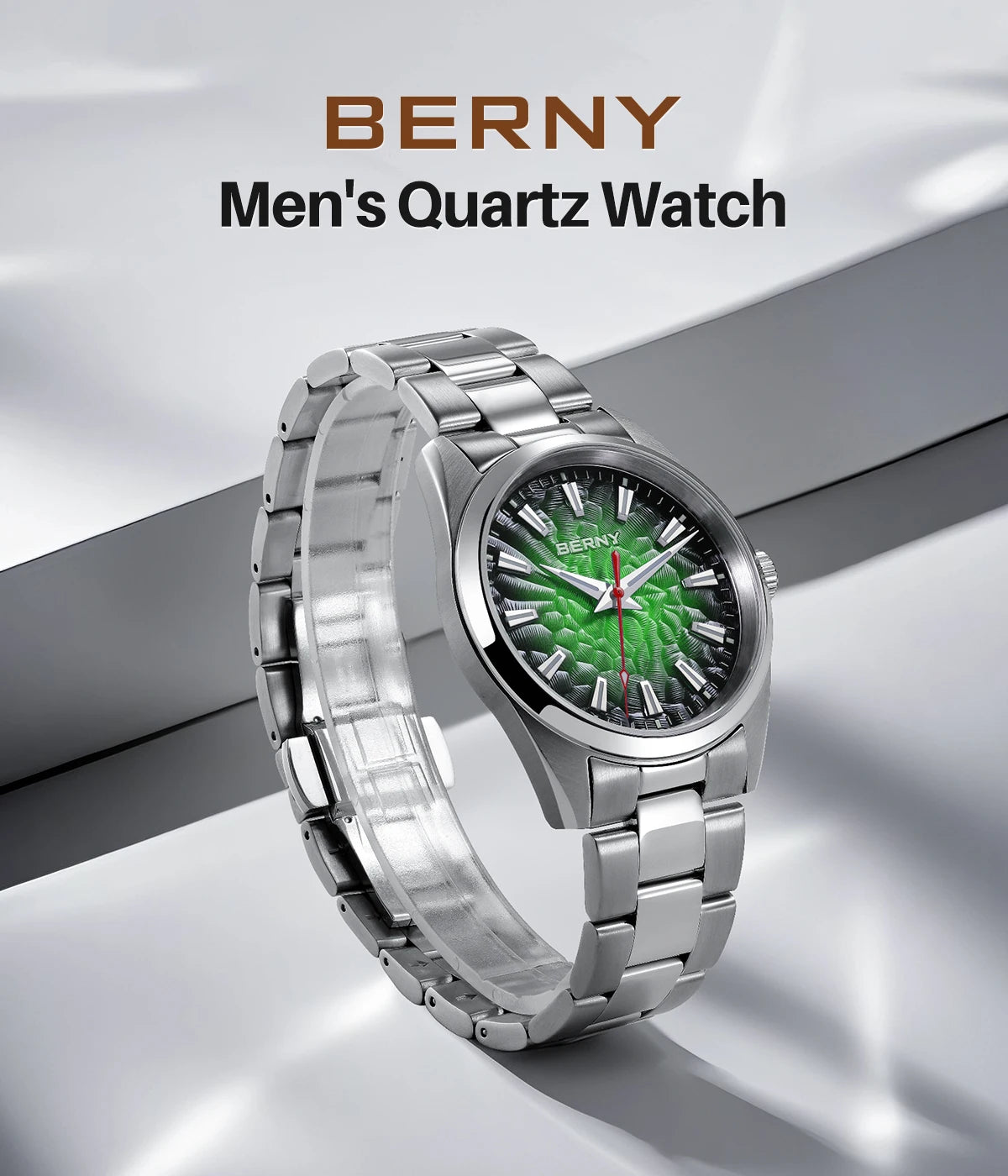BERNY Men's Textured Dial Luminous Sapphire Crystal Precision Quartz 10ATM Full Stainless Steel Watch