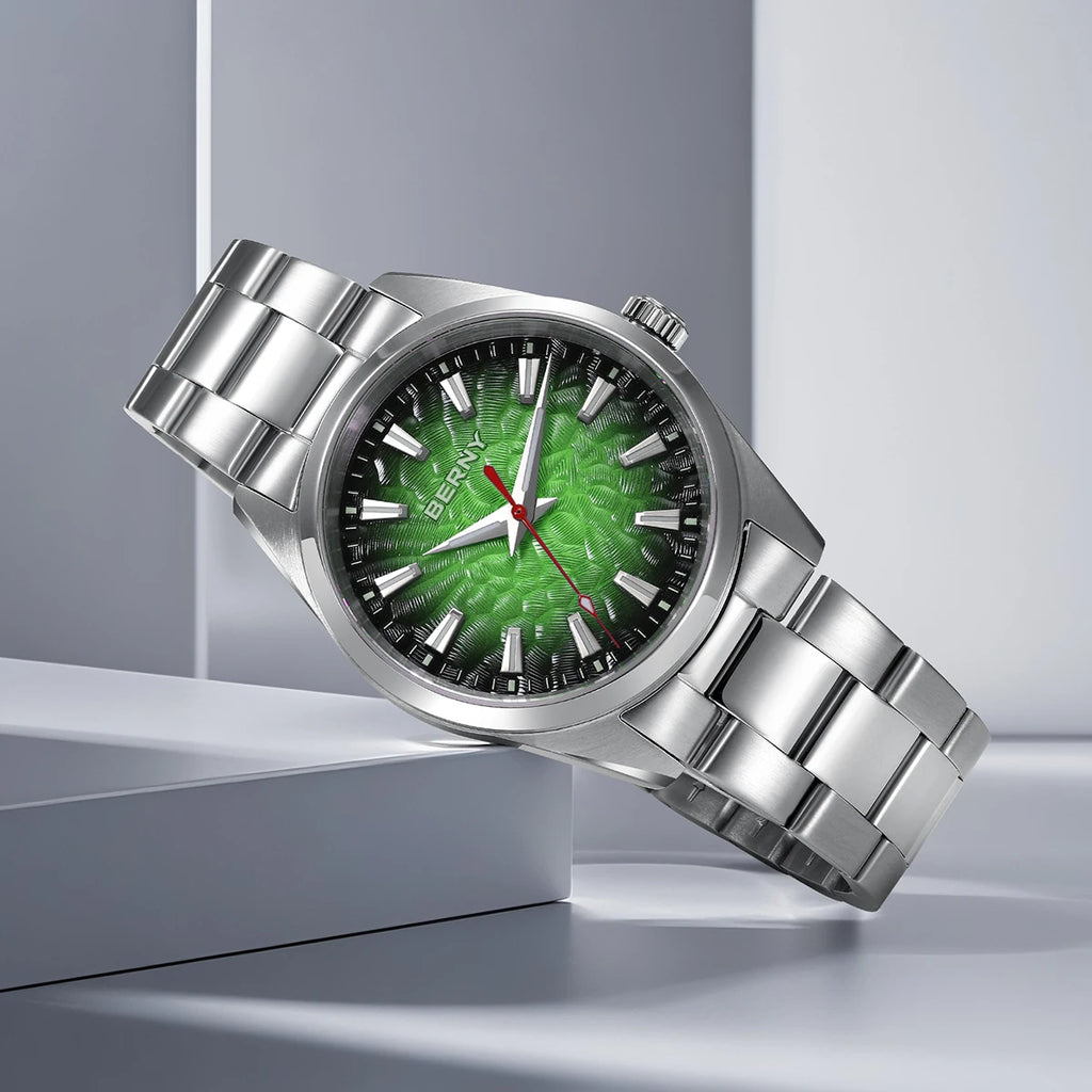 BERNY Men's Textured Dial Luminous Sapphire Crystal Precision Quartz 10ATM Full Stainless Steel Watch