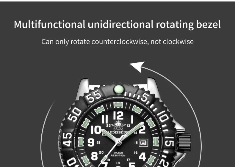 ADDIESDIVE MY-050S Military Watch | 50mm Miyota 2115 | Nylon Strap | Tubular Luminous | 50M