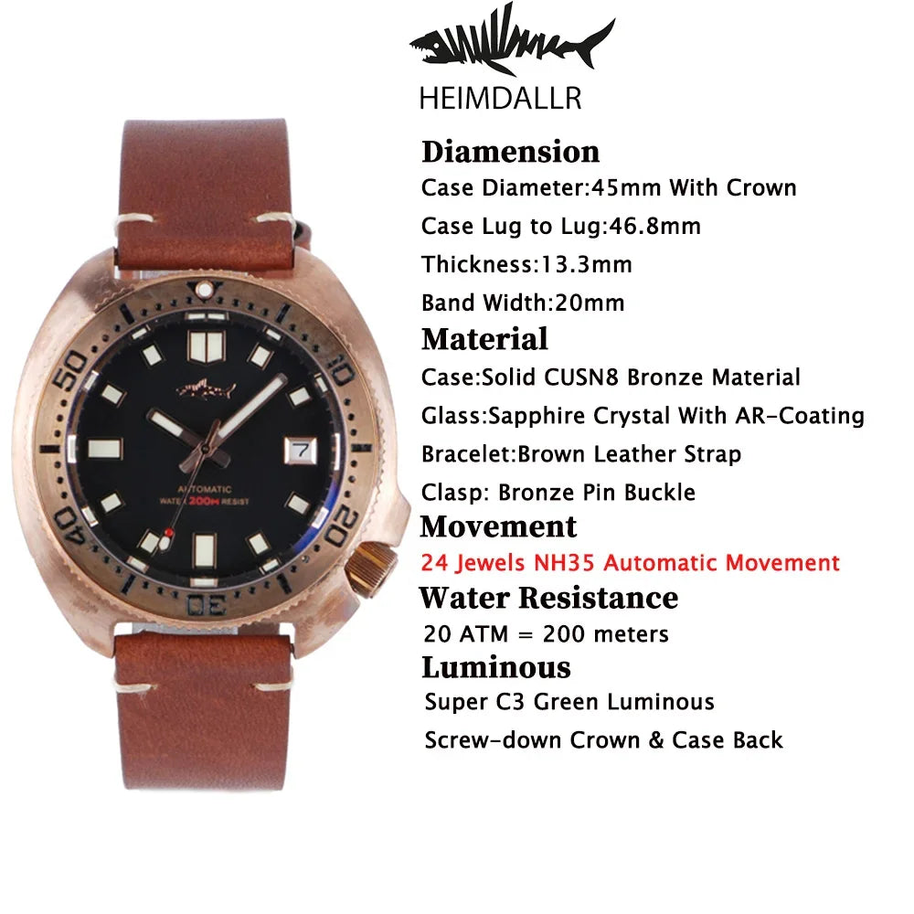 Heimdallr Bronze 45mm 6105 Watch CUSN8 Sapphire Crystal NH35 Automatic Mechanical Watch 20Bar Water Resistant C3 Super Luminous