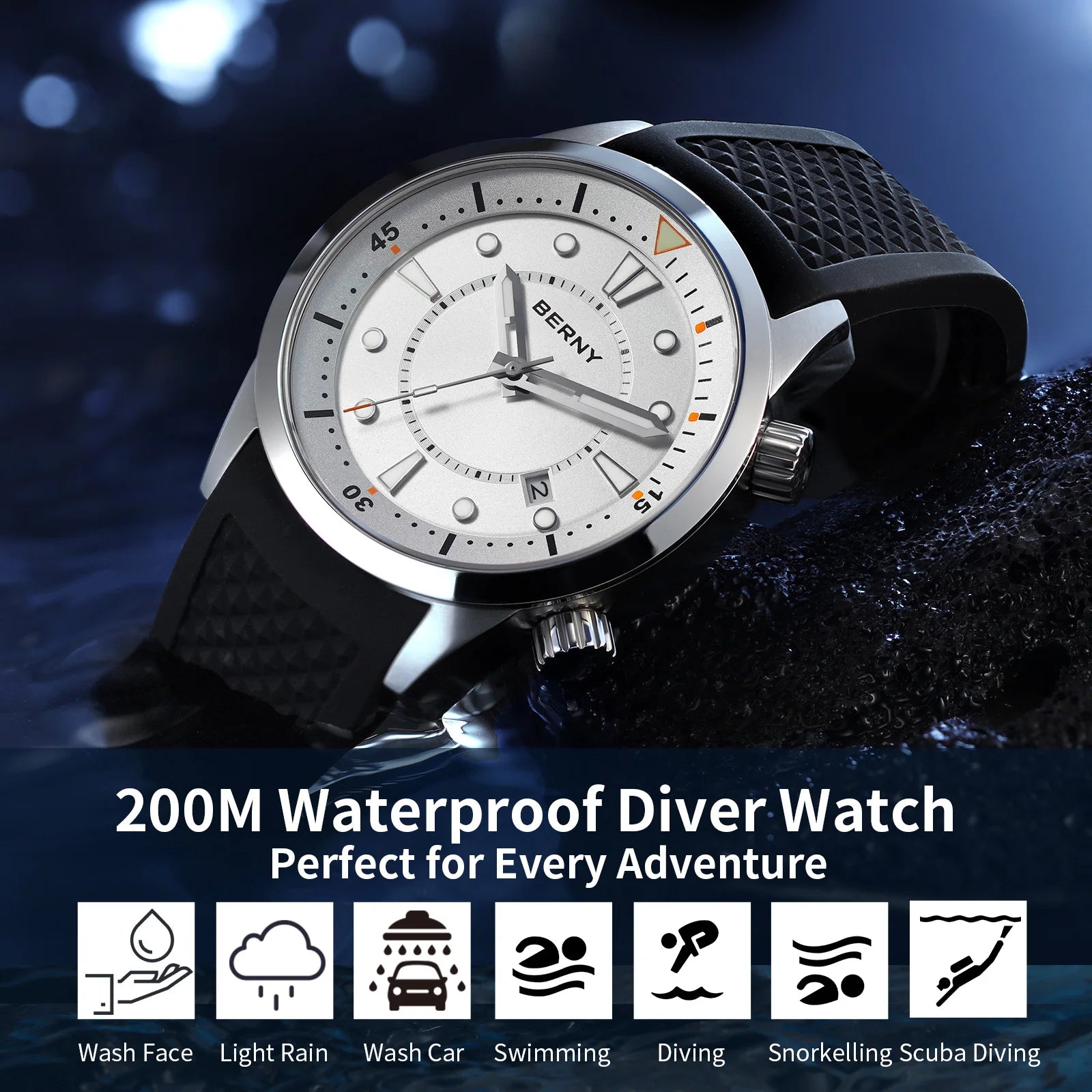 BERNY Automatic Diver Watch - Miyota 8215 200M Sapphire Crystal AR Coated Silicone Strap Internal Rotating Bezel