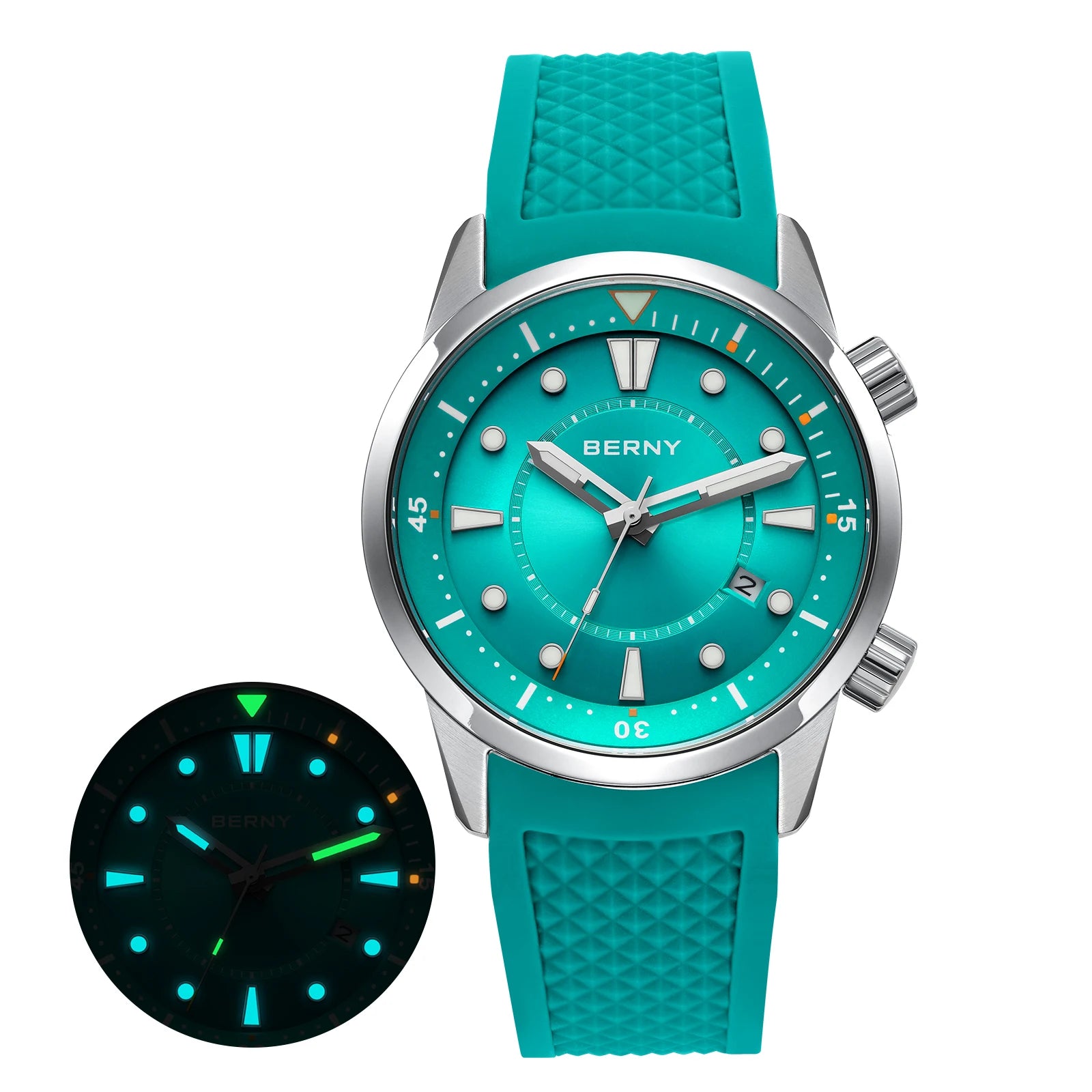 BERNY Automatic Diver Watch - Miyota 8215 200M Sapphire Crystal AR Coated Silicone Strap Internal Rotating Bezel