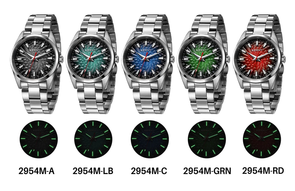 BERNY Men's Textured Dial Luminous Sapphire Crystal Precision Quartz 10ATM Full Stainless Steel Watch