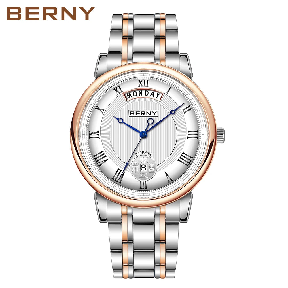 BERNY Men Quartz Dress Watch Miyota VJ55T Day Date Stainless Steel Wristwatch Sapphire Crystal