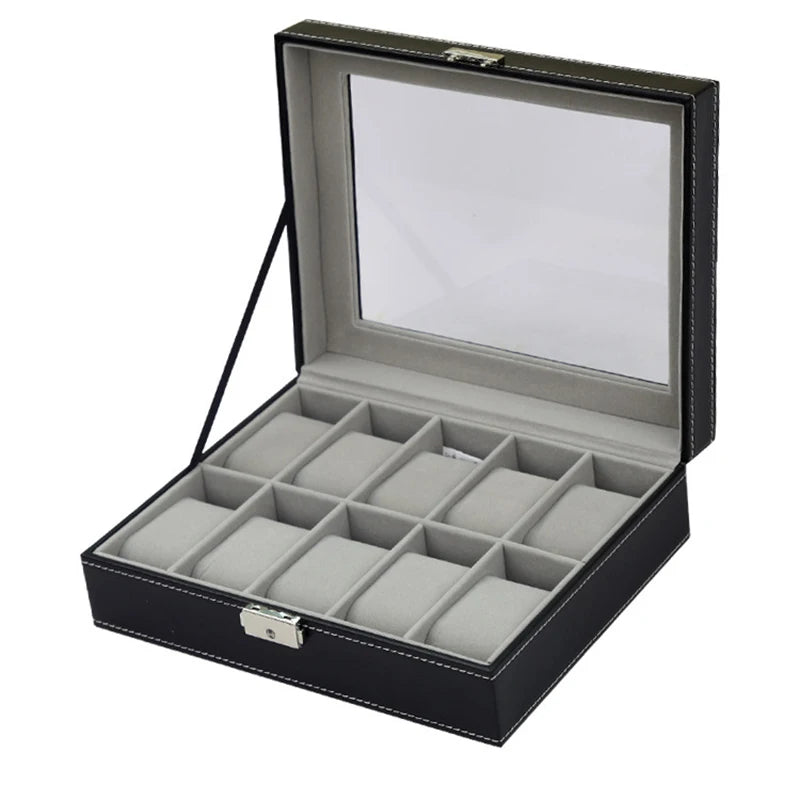 PU Leather Watch Organizer Box - Travel Display Case with Glass Lid
