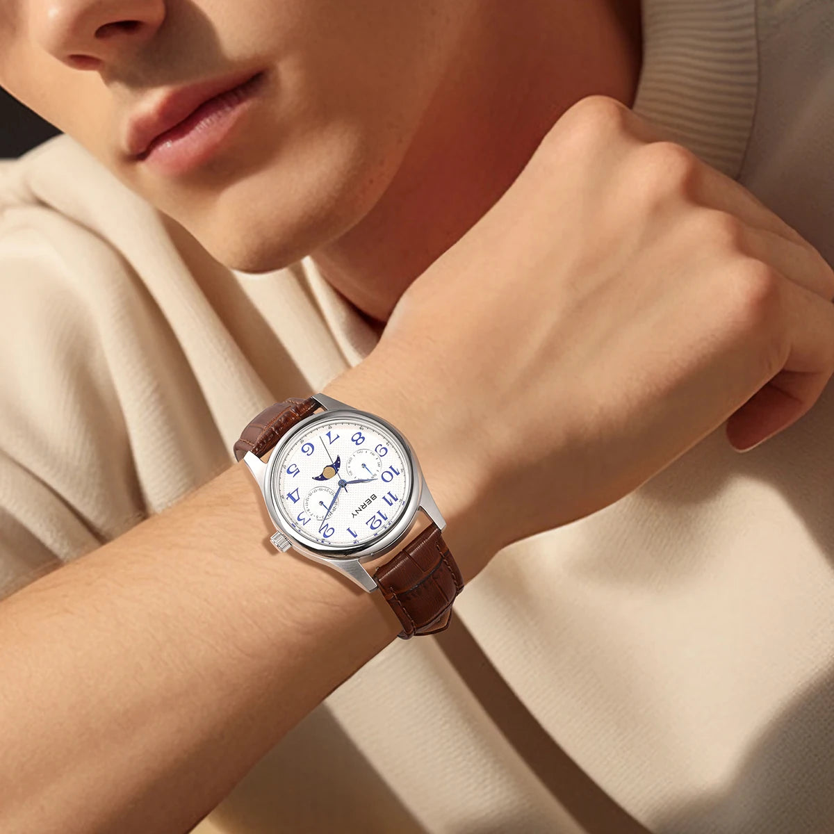 BERNY Men's Moon Phase Quartz Day Date Calendar Easy Read Vintage Style