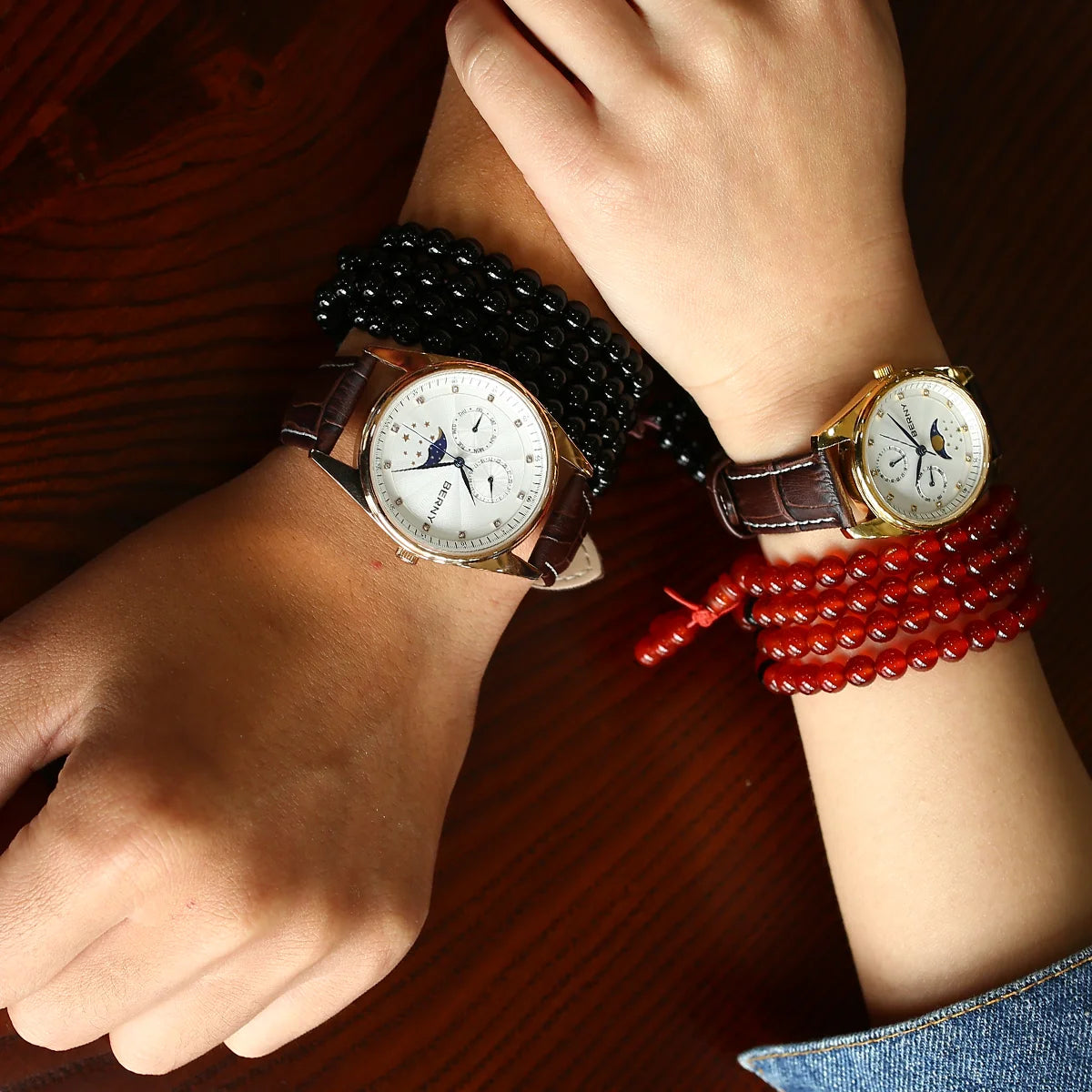 BERNY Men's and Women's Quartz Watch Moon Phase Day Date Calendar Dress Watch MIYOTA 6P20