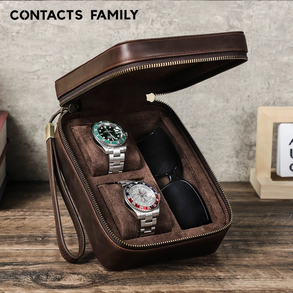 Genuine Leather Watch Travel Case - Watch and Sunglasses Storage Box with Soft Lining