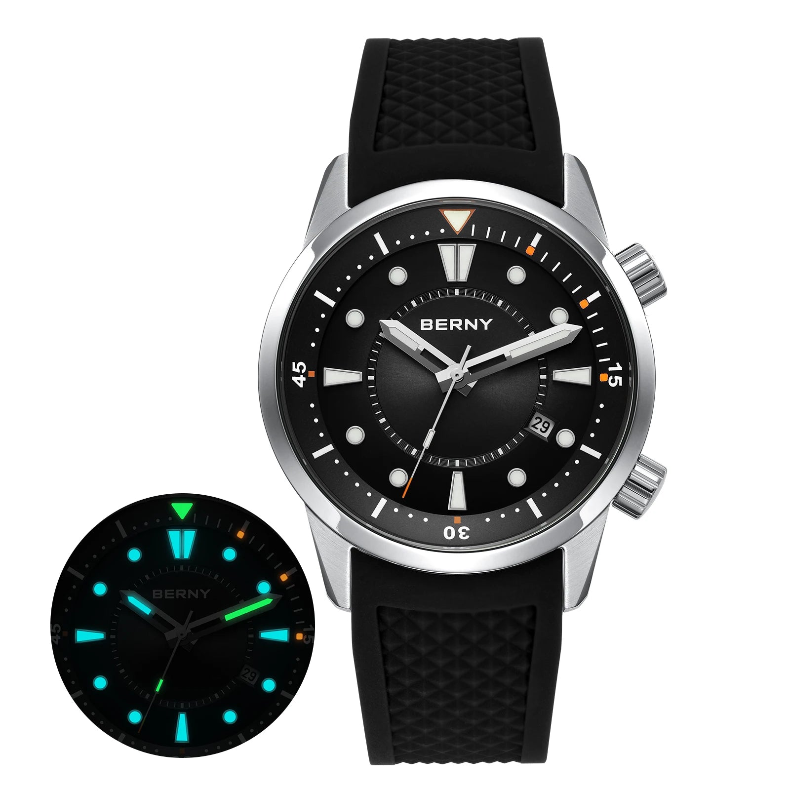 BERNY Automatic Diver Watch - Miyota 8215 200M Sapphire Crystal AR Coated Silicone Strap Internal Rotating Bezel