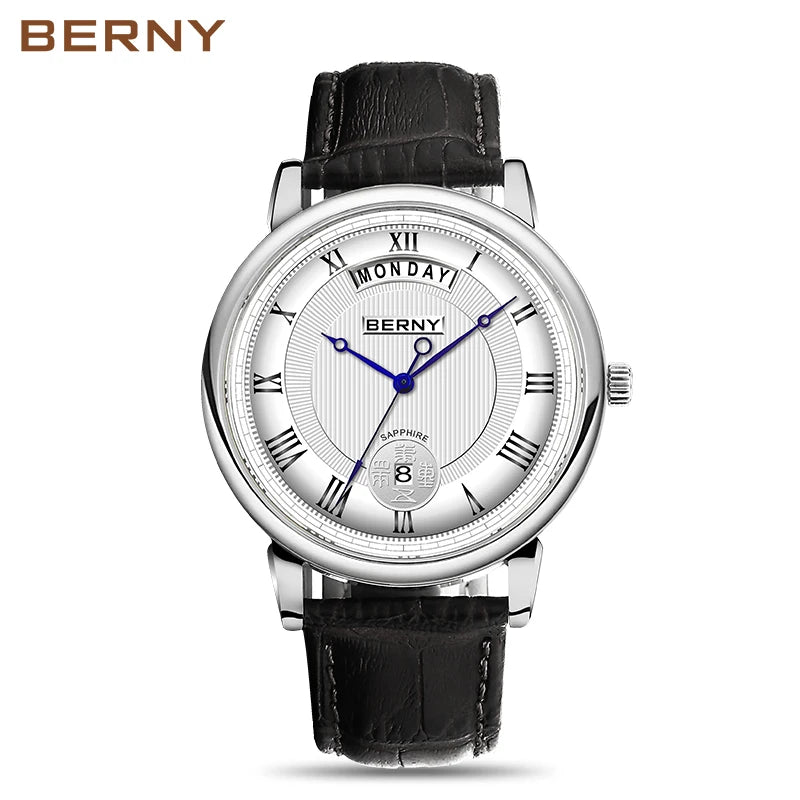 BERNY Men Quartz Dress Watch Miyota VJ55T Day Date Stainless Steel Wristwatch Sapphire Crystal