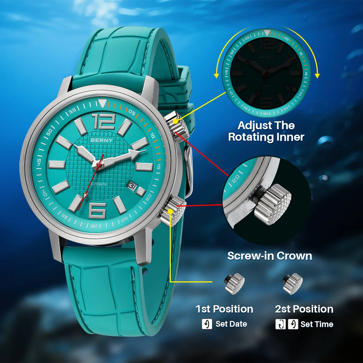 BERNY Automatic Diver Fluororubber Strap 20ATM Super Luminous Sapphire Compressor Miyota 8215 Diving Sports Wristwatch