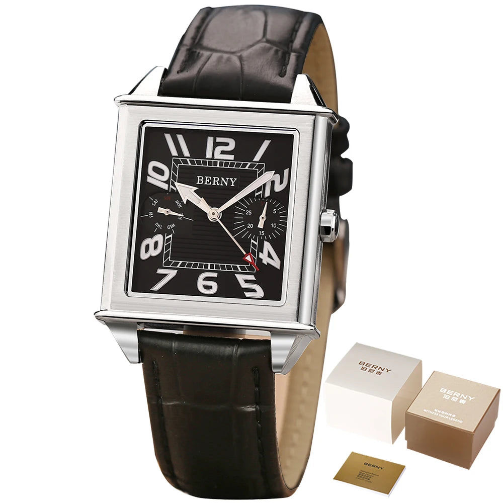 BERNY 6P25 Quartz Watch for Men Golden Tank Square Wristwatch Vintage Day Date Leather 3ATM Waterproof Luxury Watch Male